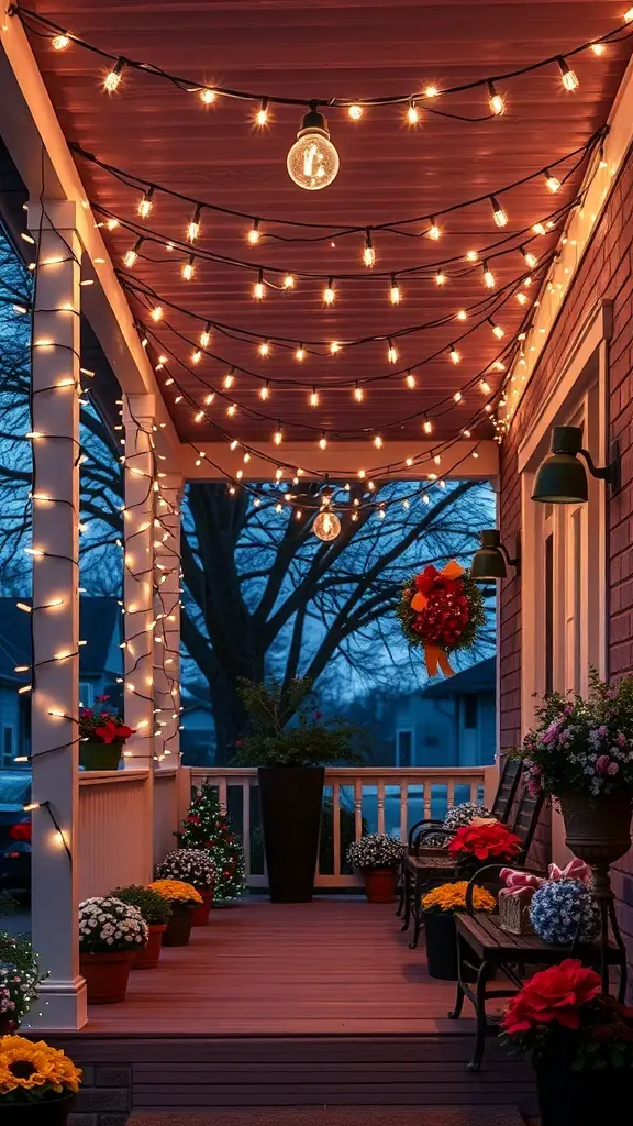 25+ Creative Front Porch Lighting Ideas to Brighten Your Home 14 A beautifully lit front porch with string lights, potted flowers, and a cozy seating area.