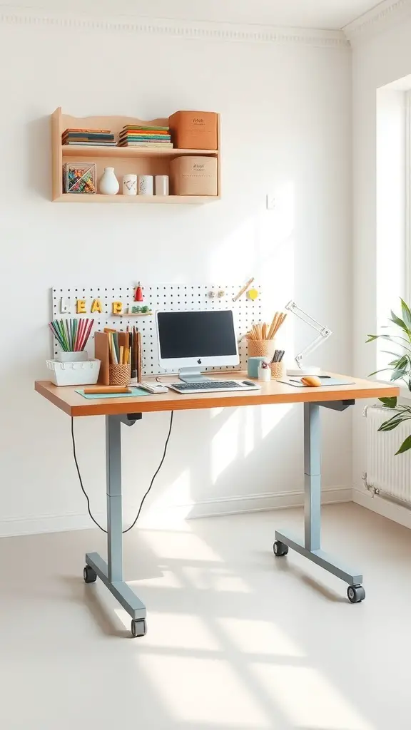 25+ Craft Tables with Storage for Organized Creativity 15 A modern craft table with adjustable height, featuring a pegboard for organization and a clean, inviting design.