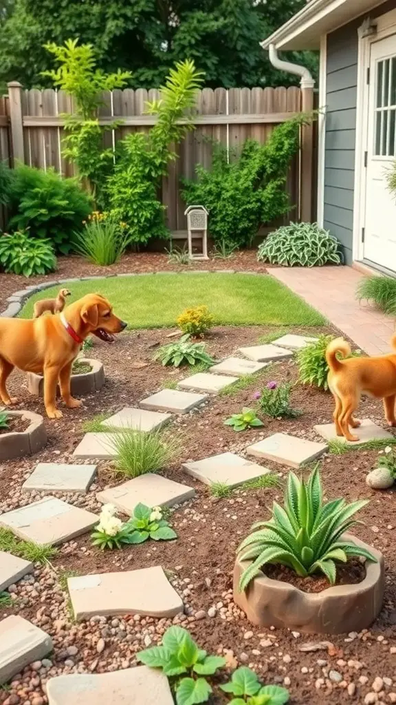 A backyard sensory garden with pathways, plants, and two playful dogs.