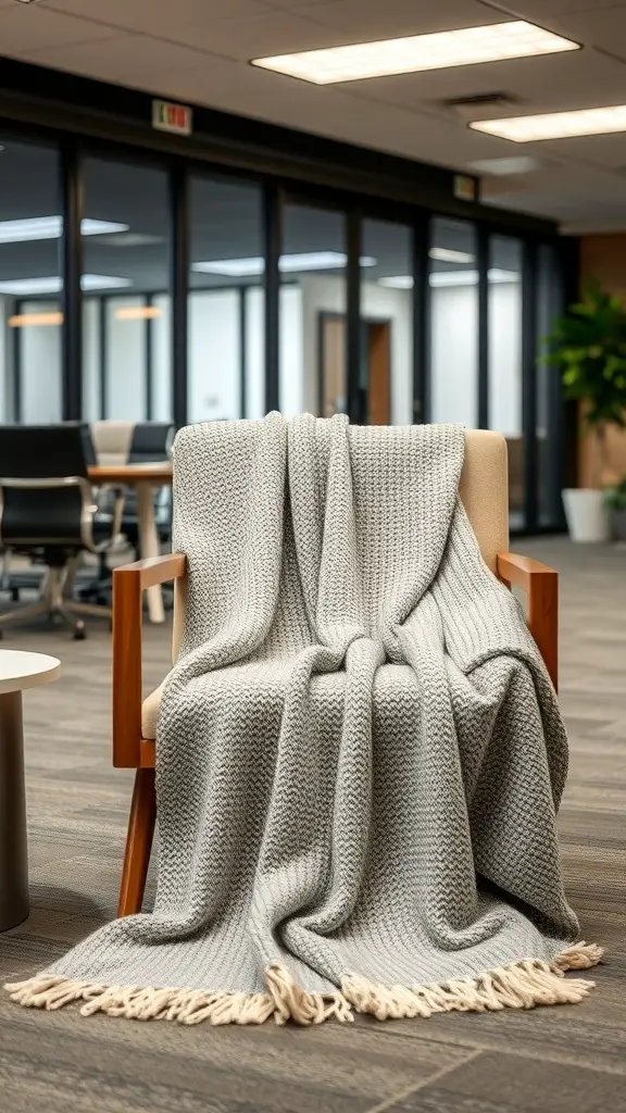 27+ Unique Christmas Gifts for Your Coworkers This Holiday Season 7 A cozy gray throw blanket draped over a chair in an office setting.