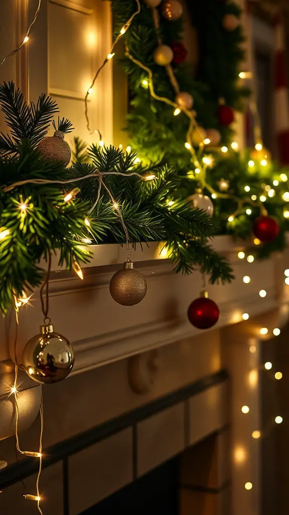 33+ Creative Christmas Mantle Decor Ideas to Transform Your Home 13 A beautifully decorated Christmas mantle with fairy lights, garland, and ornaments.