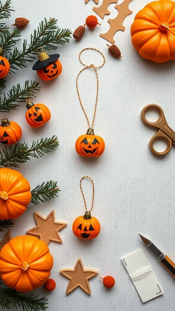 29+ Creative Halloween Christmas Tree Ideas to Spook Up Your Holiday Decor 13 A collection of DIY Halloween tree decorations including orange pumpkins, stars, and crafting supplies.