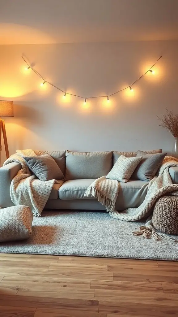 Cozy living room featuring a grey couch with pillows and a throw, warm lighting, and natural decor elements.
