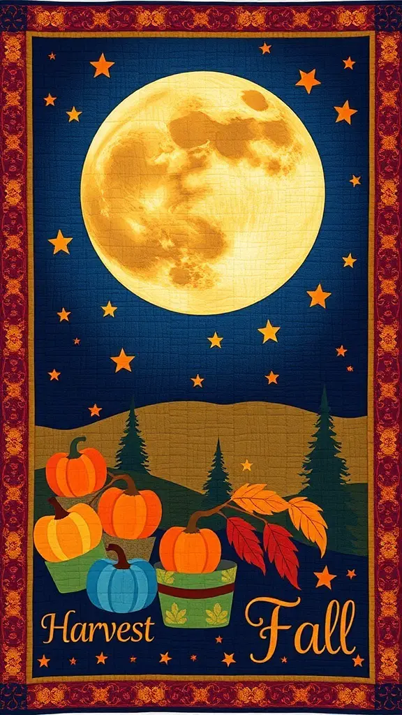 A quilt featuring a large harvest moon, pumpkins, and the text 'Harvest Fall' against a blue background with stars.