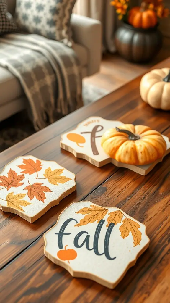A set of fall-themed coasters with autumn leaves and a pumpkin design on a wooden coffee table.