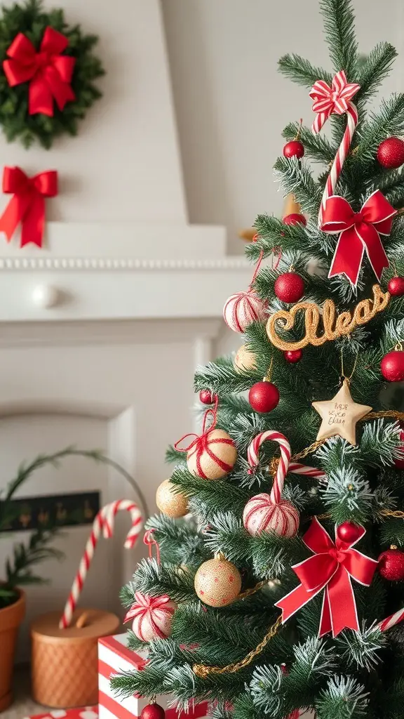 23+ Vintage Christmas Tree Ideas for a Festive Holiday Look 17 A vintage Christmas tree decorated with red bows, shiny ornaments, and candy cane accents.