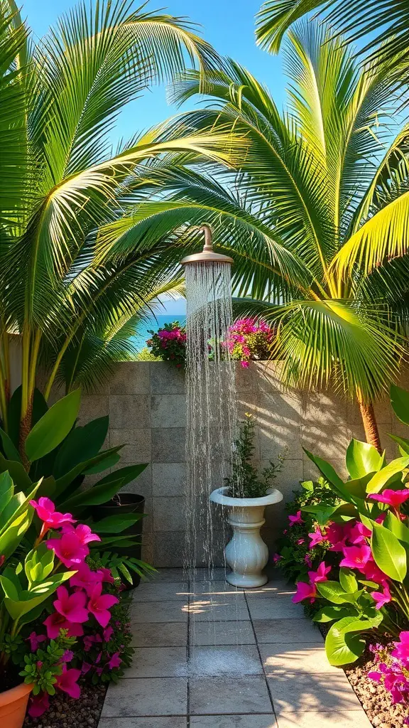 Tropical outdoor shower surrounded by vibrant flowers and palm trees