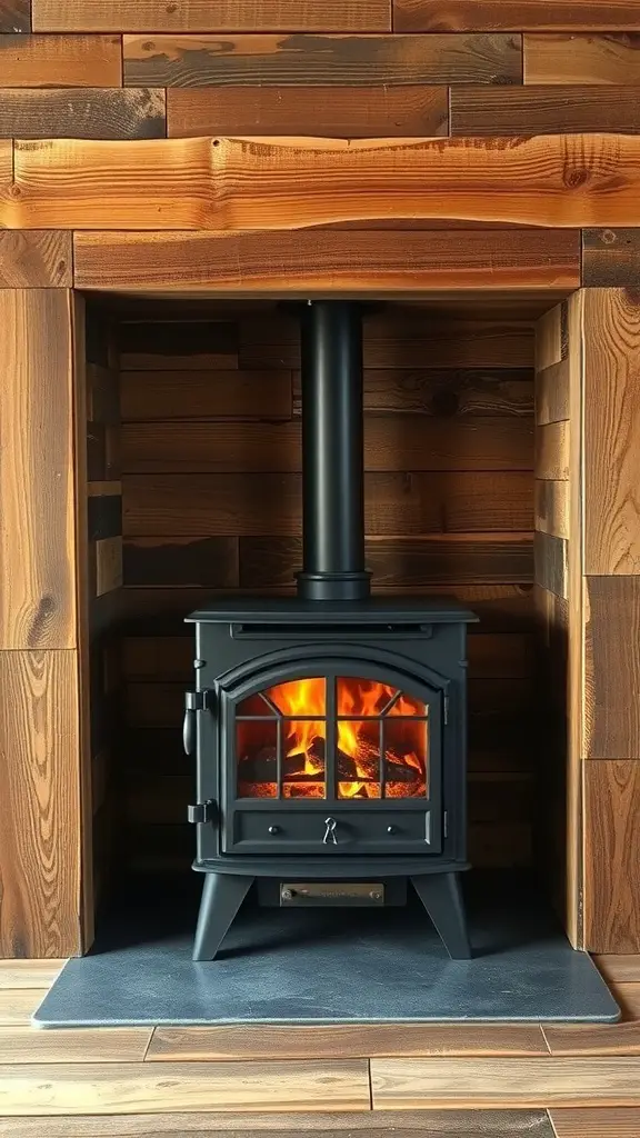 29+ Stunning Wood Stove Fireplace Surround Ideas to Warm Up Your Home 8 A wood stove surrounded by reclaimed wood accents, showcasing a cozy and rustic design.