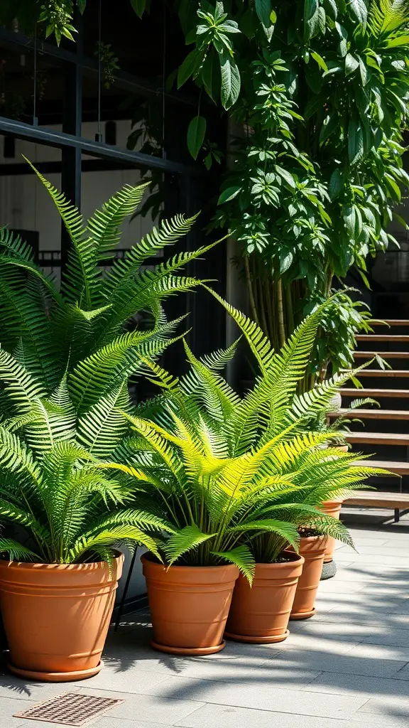 Realistic potted ferns in terracotta pots placed in a shaded outdoor area