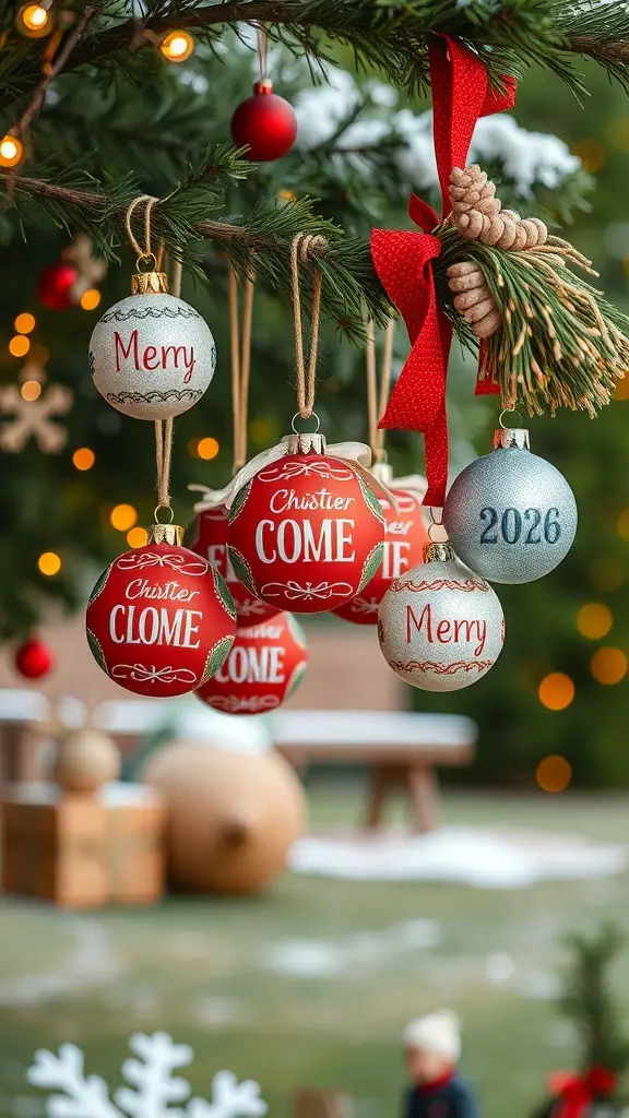 A collection of personalized Christmas ornaments hanging from a tree, featuring festive designs and messages.