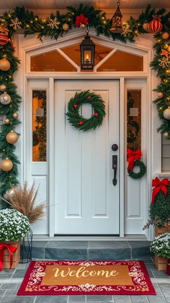 33+ Festive Christmas Party Decor Ideas to Elevate Your Holiday Celebration 15 A beautifully decorated entryway with a wreath, potted plants, and a welcome mat.