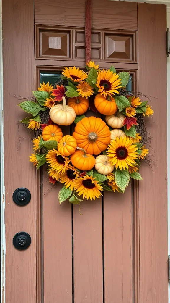 A colorful autumn wreath featuring pumpkins and sunflowers on a door.
