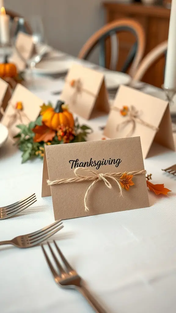 29+ Creative Thanksgiving Party Decorations You Need to Try 8 DIY Thanksgiving place cards on a beautifully set table with autumn decorations.