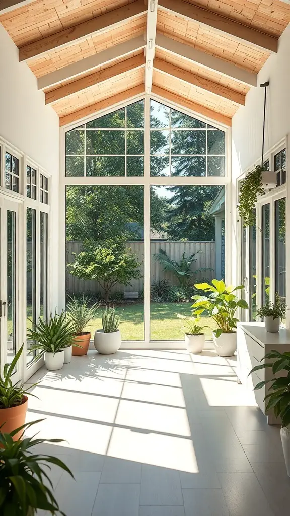 A bright backyard office with large windows, plants, and a view of the garden.