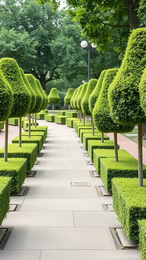 Pathway lined with artificial topiaries and neatly trimmed hedges