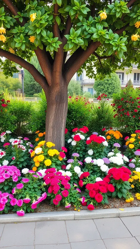 Colorful flower beds with various flowers under a large tree