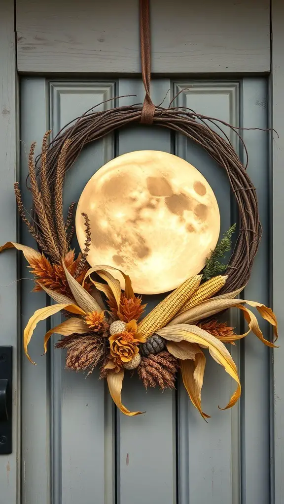 27+ Spooktacular Halloween Wreath Ideas to Enhance Your Decor 7 A Harvest Moon Wreath featuring a glowing moon, dried flowers, and corn, hanging on a door.