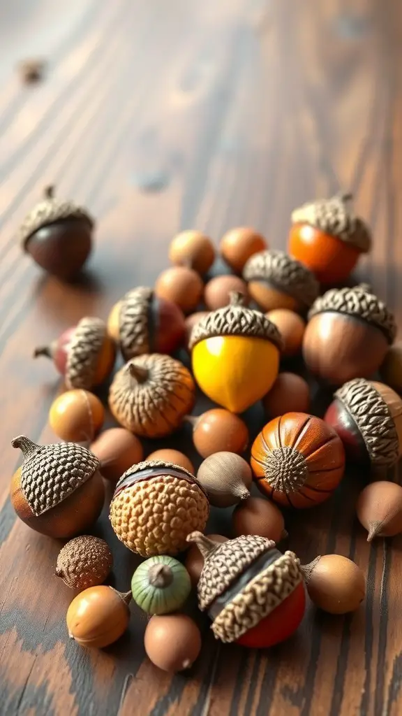 A collection of colorful handmade acorn decorations on a wooden surface.