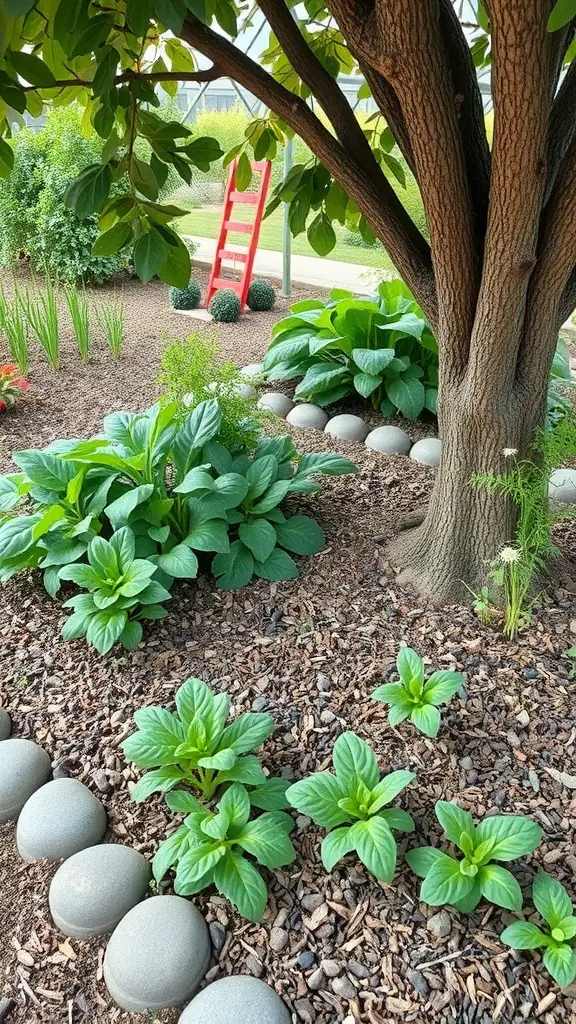 Lush edible garden under a tree with various plants and decorative stones.