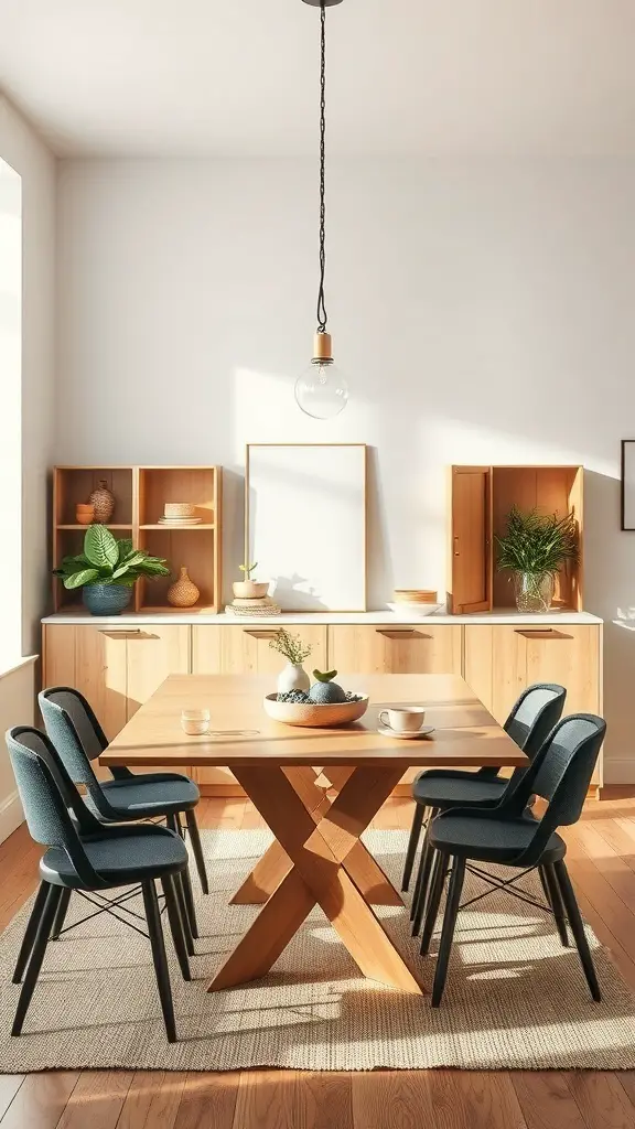 A bright dining room featuring a wooden table and storage cabinets, complemented by plants.