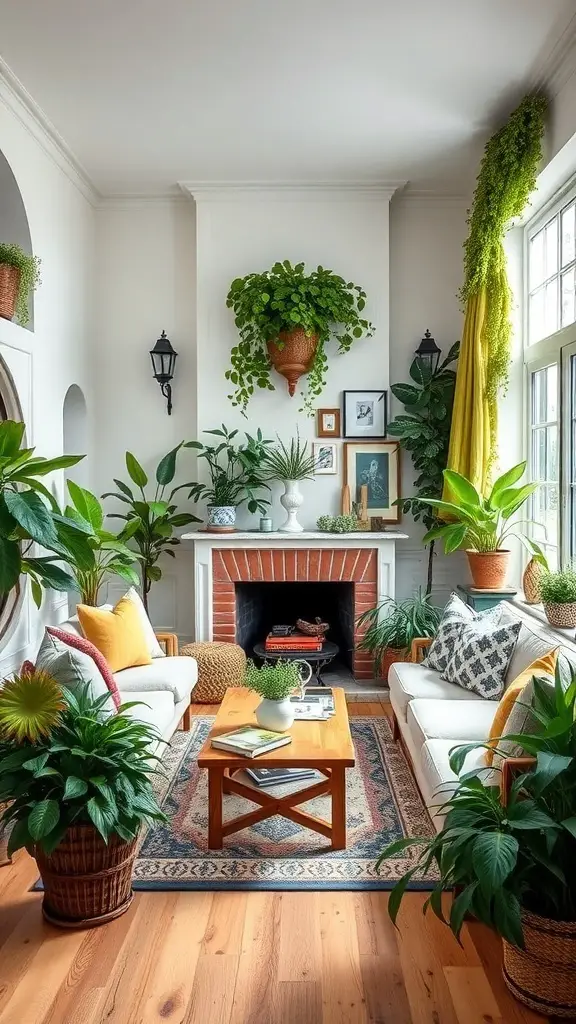27+ Cozy English Countryside Living Room Ideas to Inspire Your Décor 14 Cozy living room filled with various indoor plants and greenery.