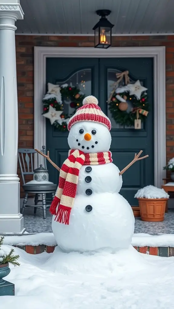 23+ Festive Front Porch Christmas Decor Ideas You’ll Love 21 A cheerful snowman wearing a red and white striped scarf and hat, standing on a snowy porch with festive decorations.