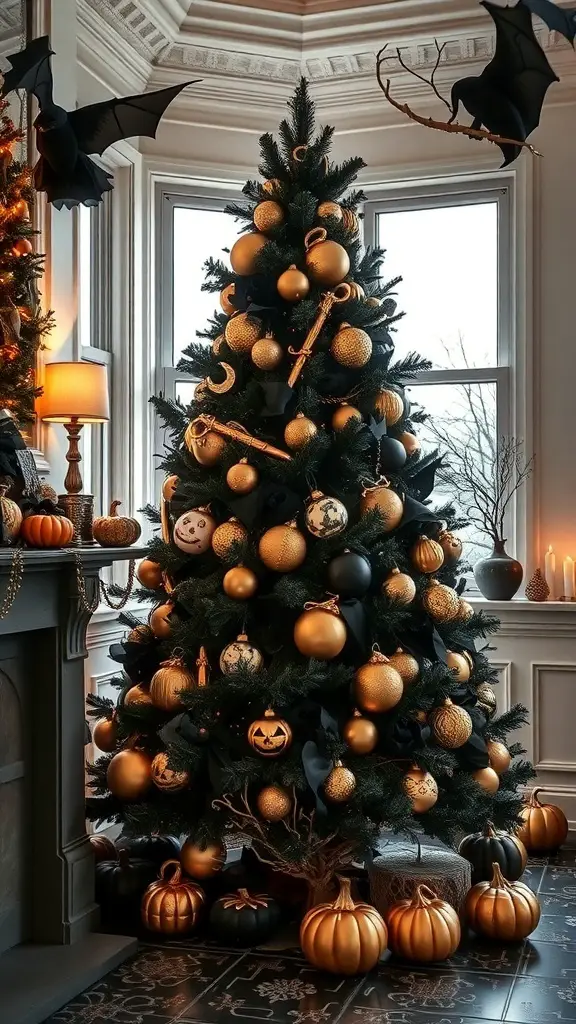29+ Creative Halloween Christmas Tree Ideas to Spook Up Your Holiday Decor 15 A Halloween Christmas tree decorated in black and gold with pumpkins and bats.