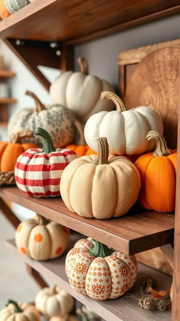 35+ Creative Fall Craft Ideas You’ll Love 10 A collection of fabric pumpkins in various colors and patterns displayed on a wooden shelf.