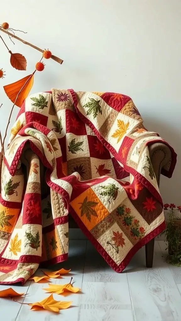 37+ Creative Indoor Fall Decorations You’ll Love 17 A cozy autumn-themed quilt draped over a chair, featuring colorful leaf patterns.
