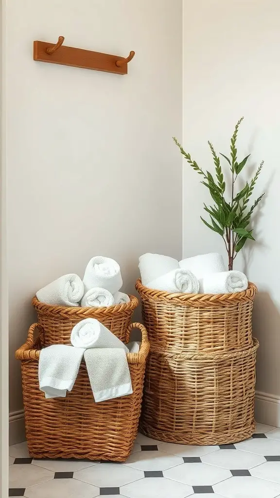 Two woven baskets filled with rolled towels in a small bathroom setting.