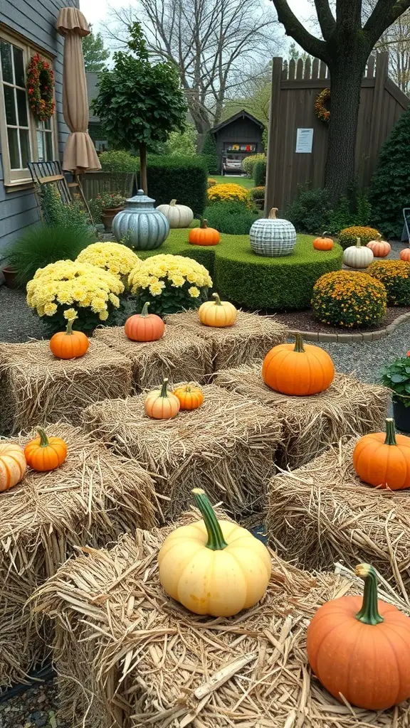 29+ Creative Fall Outdoor Decor Ideas to Transform Your Space 10 Colorful hay bale arrangements with pumpkins and flowers in an outdoor setting