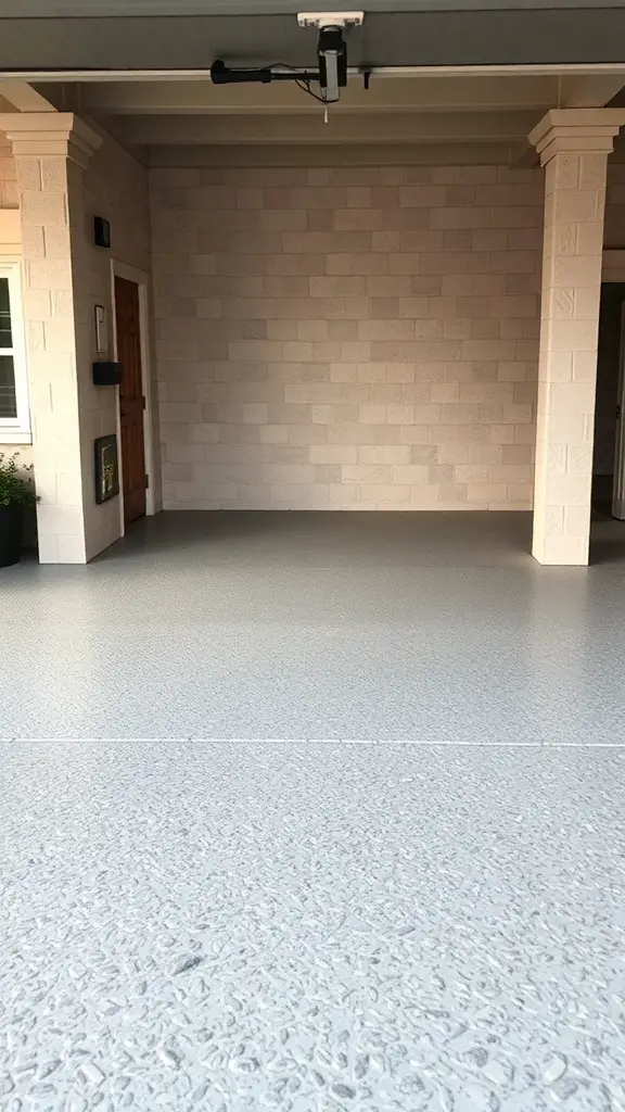 Garage with a textured stone finish on the walls and a smooth gray floor.