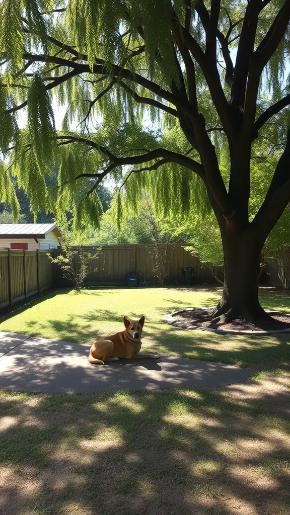 A dog resting in the shade of a large tree in a backyard.