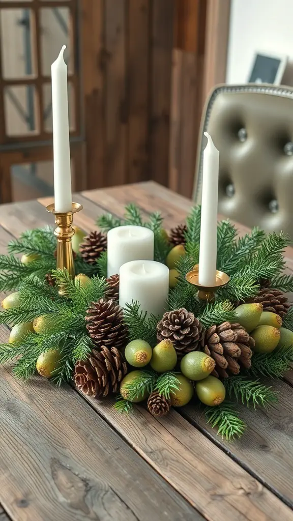 A nature-inspired holiday centerpiece featuring white candles, pinecones, and greenery on a wooden table.