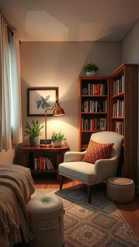 27+ Inspiring Small Bedroom Arrangement Ideas for Maximizing Space 3 A cozy reading nook in a small bedroom featuring a comfortable chair, a bookshelf, and warm lighting.