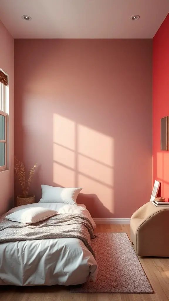 25+ Adorable Small Bedroom Ideas for a Cozy Retreat 6 A small bedroom featuring a soft pink wall and a bold red accent wall, with a bed and a cozy chair.