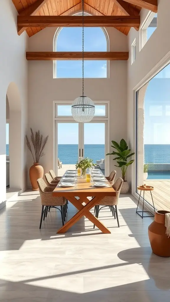 25+ Stunning Spanish Beach House Designs You’ll Love 10 Stylish dining area with a wooden table, comfortable chairs, and ocean views through large windows.