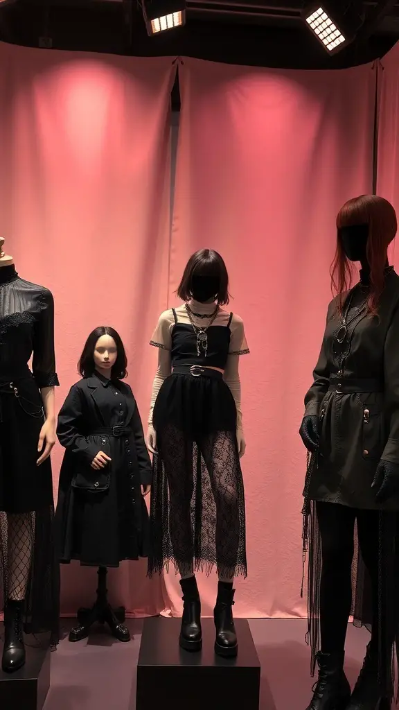 Mannequins displaying gothic fashion from the 90s, featuring black outfits and a pink backdrop.