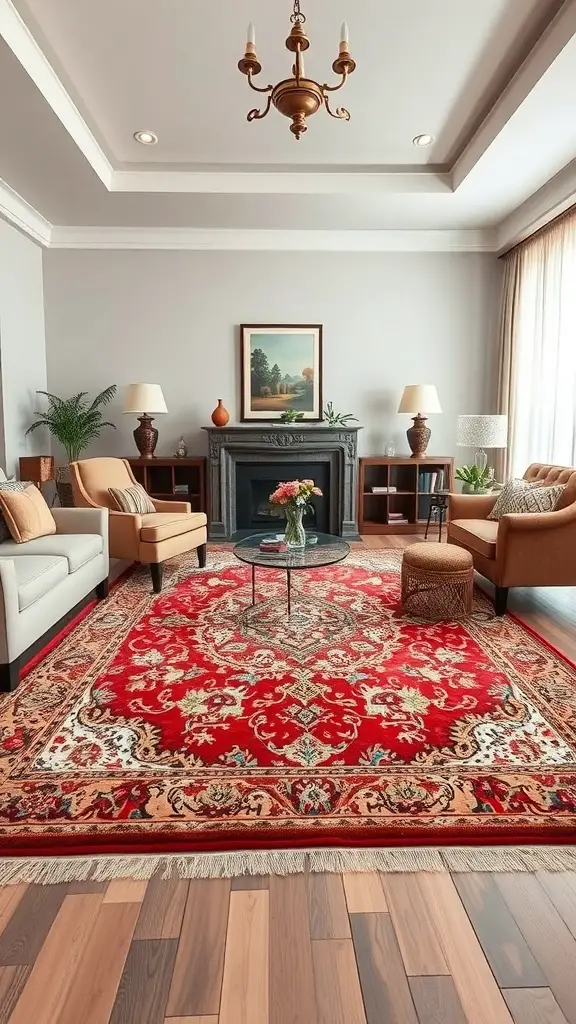 29+ Stylish Living Room Area Rug Ideas to Transform Your Space 3 A living room featuring a vintage Persian rug with a vibrant red design, complemented by neutral furniture and warm wooden flooring.