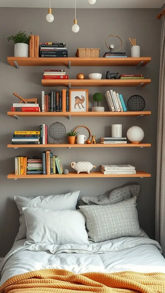 27+ Creative Tiny Bedroom Ideas for Maximum Style and Functionality 8 A cozy bedroom with wooden wall shelves displaying books, plants, and decorative items above a neatly made bed.