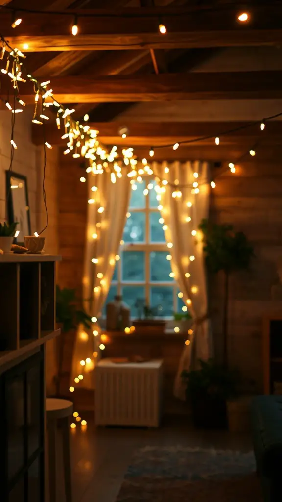 A cozy room decorated with twinkling fairy lights, highlighting wooden beams and soft furnishings.
