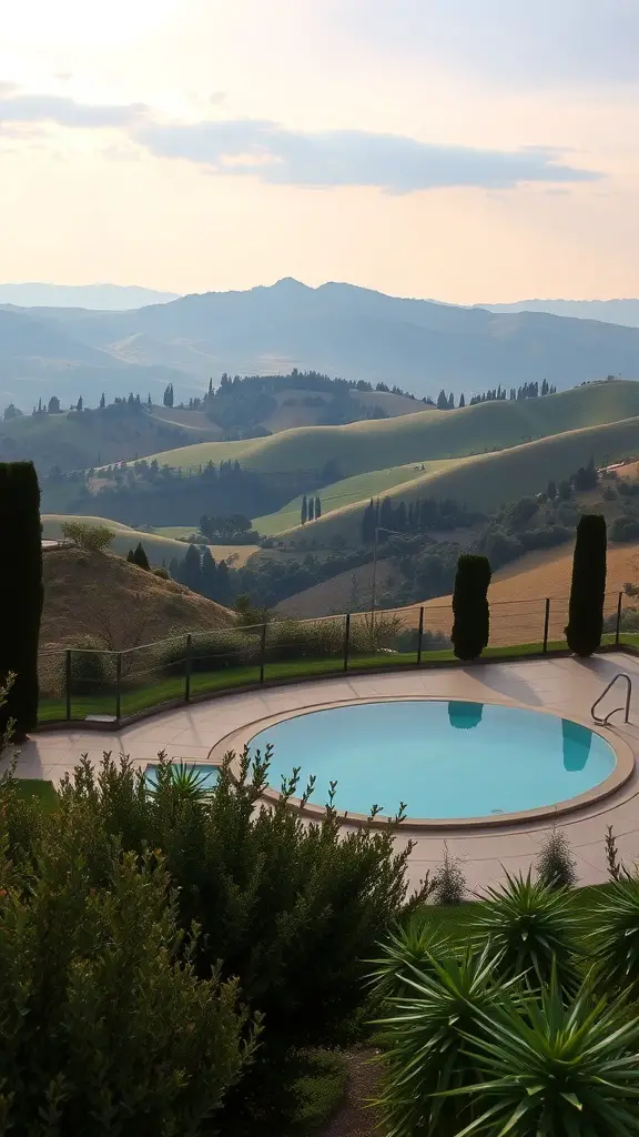 23+ Stunning Tuscan Pool Designs for Your Dream Backyard 3 A beautiful Tuscan landscape featuring a pool with rolling hills and cypress trees in the background.
