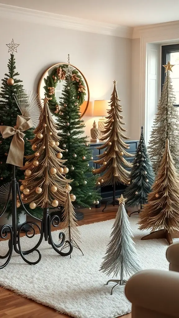 A cozy room with various bronze Christmas trees of different heights and styles, creating a festive atmosphere.