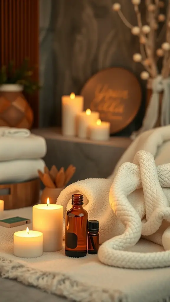 A serene spa setting with candles, essential oils, and soft towels.