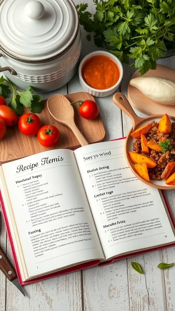 31+ Thoughtful Anniversary Gift Ideas for Every Couple 12 A custom recipe book open on a wooden table surrounded by fresh ingredients like tomatoes and herbs.