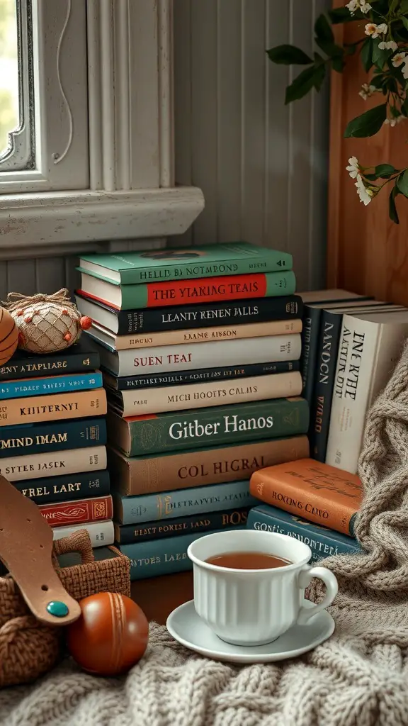 A cozy reading nook with a stack of books, a cup of tea, and decorative items.