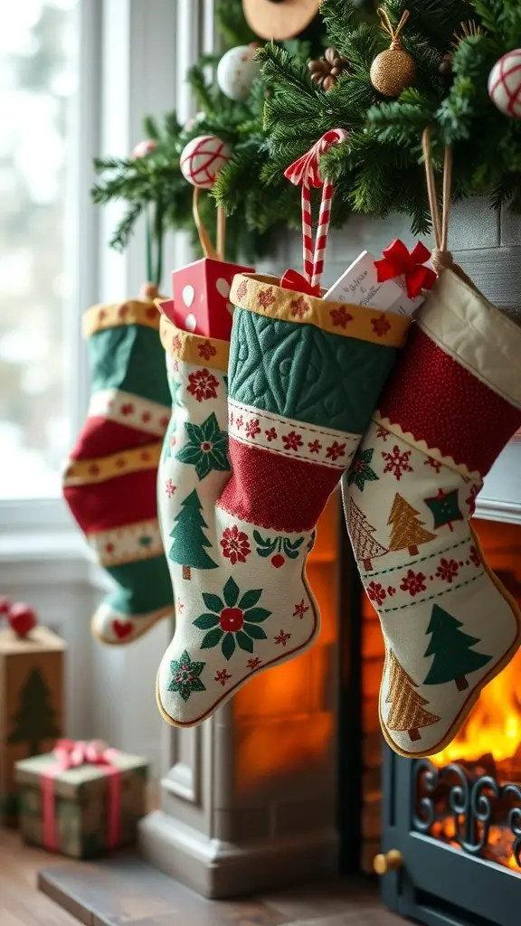 Handmade quilted Christmas stockings hanging by a fireplace, decorated with festive patterns and colors.
