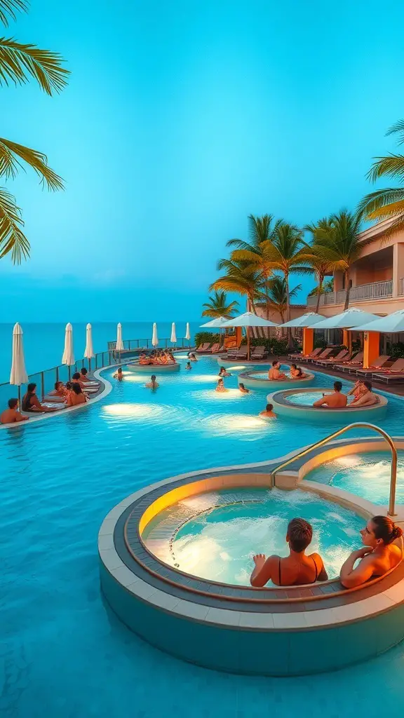 29+ Stunning Resort Pool Designs to Inspire Your Backyard Oasis 16 A resort pool with integrated hot tubs, surrounded by palm trees and guests enjoying the water.