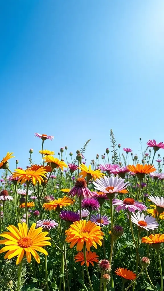 27+ Stunning Wildflower Landscaping Ideas for Your Garden 3 A vibrant field of wildflowers under a clear blue sky.