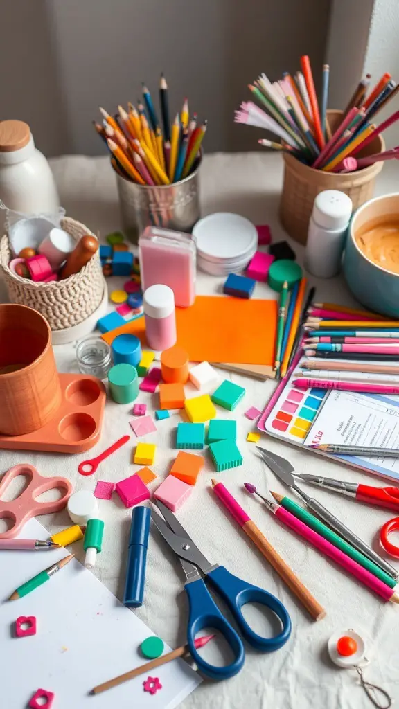 33+ Thoughtful Gifts Your Sister Will Adore 16 A colorful array of crafting supplies including scissors, markers, and papers on a table.